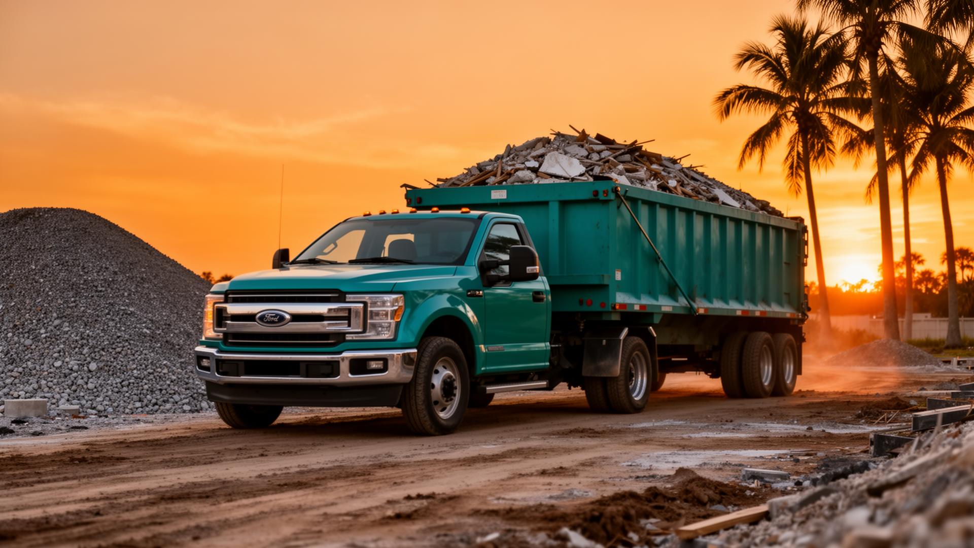 Load Up LLC dump truck at a South Florida job site at sunset
