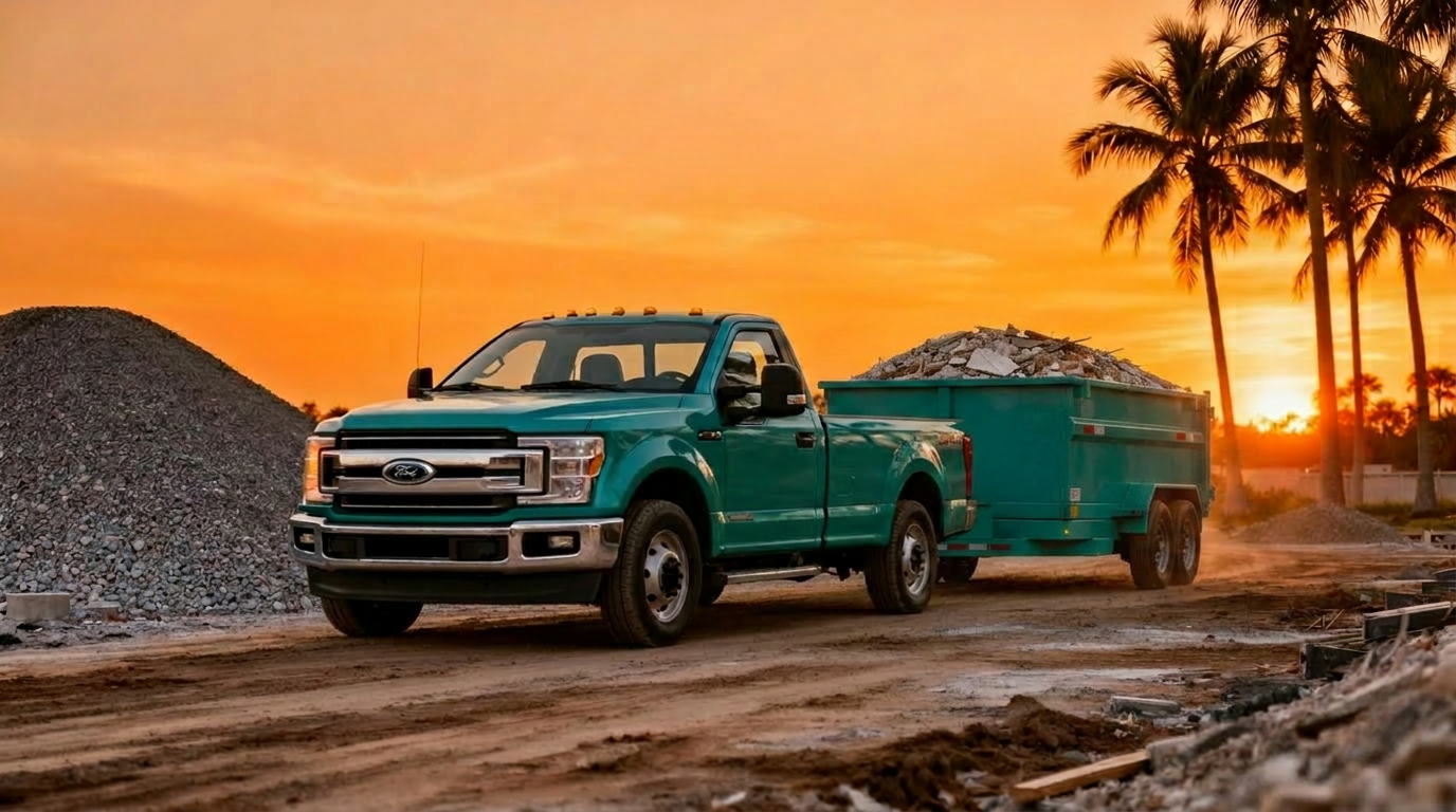Load Up LLC small dumpster trailer at a South Florida job site at sunset